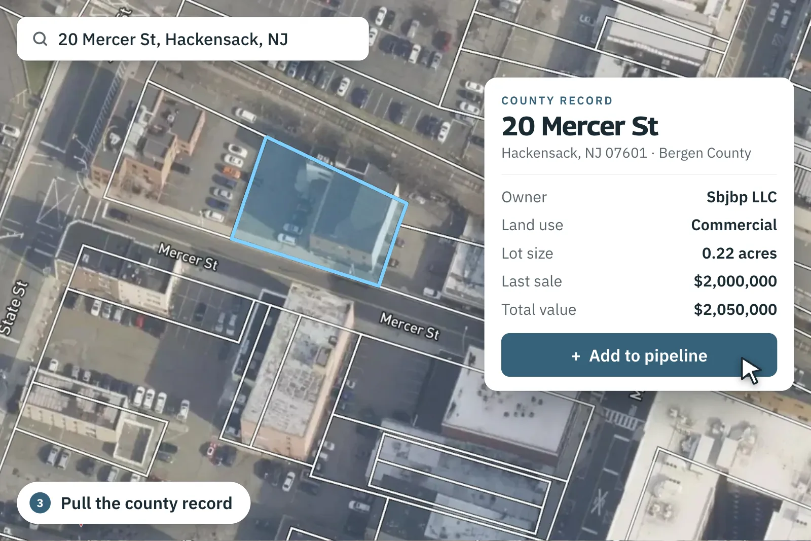 DealNav map with 20 Mercer St, Hackensack searched and its county record open: owner, land use, lot size, last sale and total value, with an Add to pipeline button